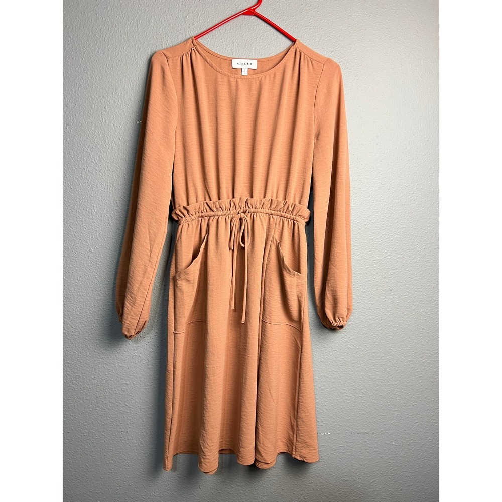 Gilli Terracotta Cottagecore L SL Midi Dress Elastic Drawstring Waist Pockets Sm